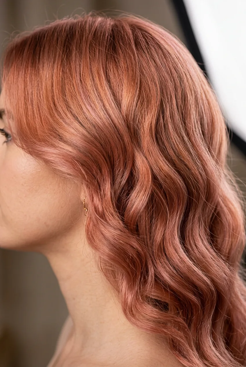 Rose gold colored hair showing pink undertones in soft studio lighting from jawline to crown