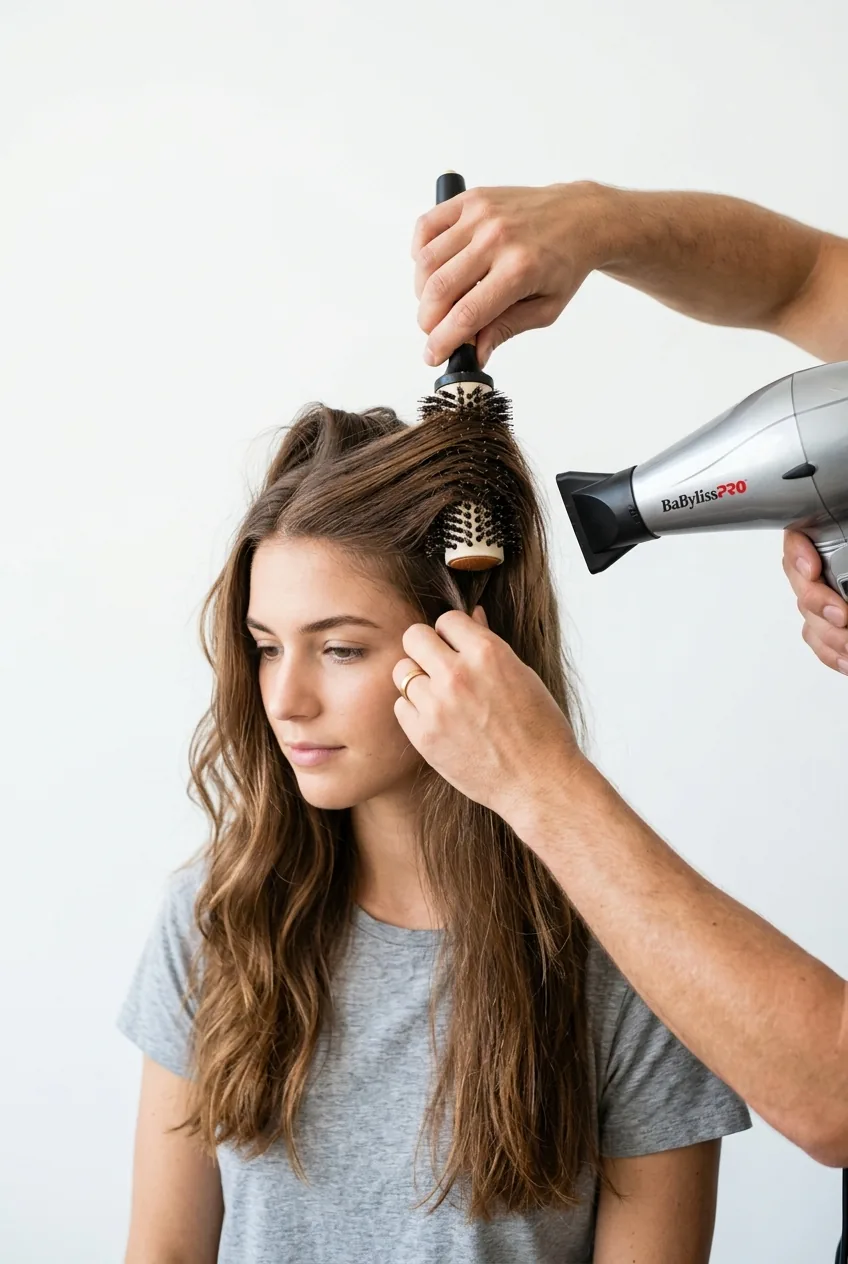 Round brush technique creating volume while blow-drying long hair sections