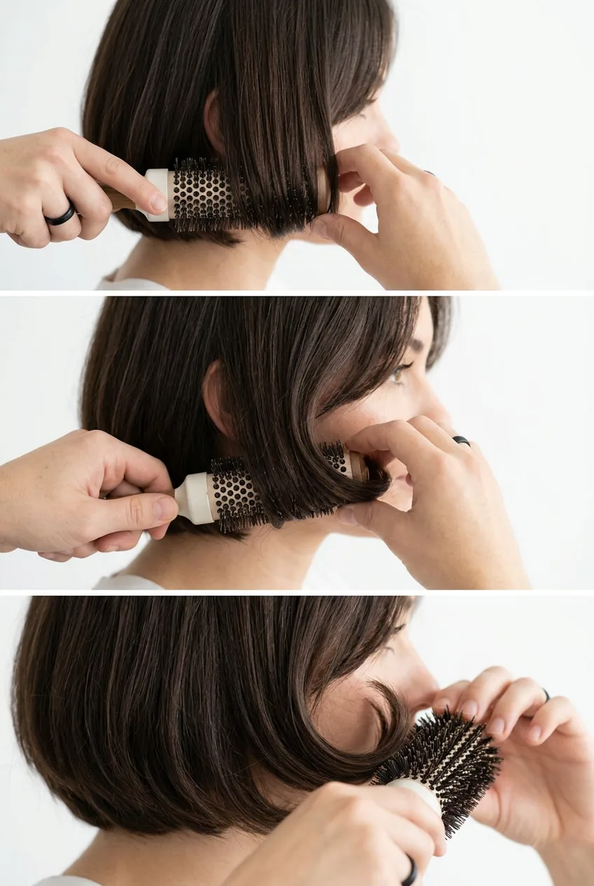 Round brush technique wrapping side sections of French bob forward toward face for curve