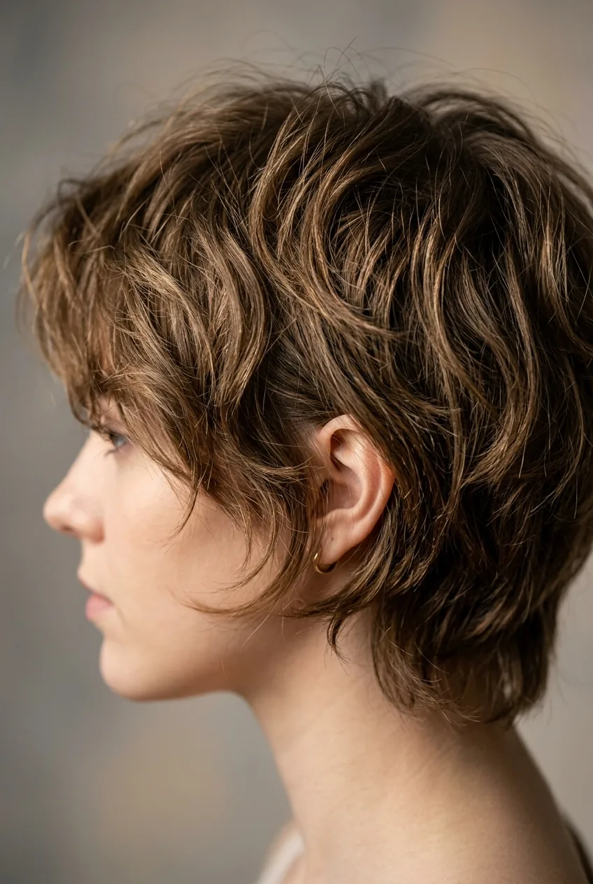 Woman with round face wearing perfectly layered boy cut with crown height and textured sides