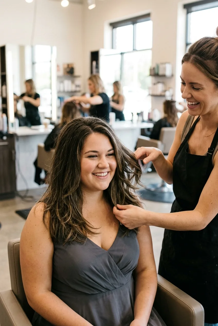 Woman with round face showing flattering longer layered bridesmaid cut at collar bone length