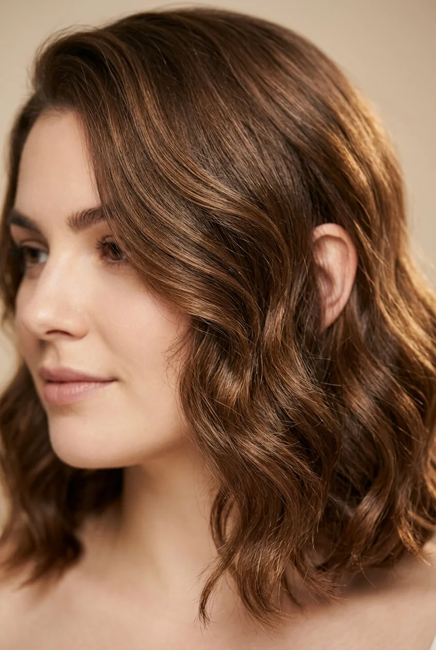 Round face with lob hairstyle creating soft framing effect and gentle waves