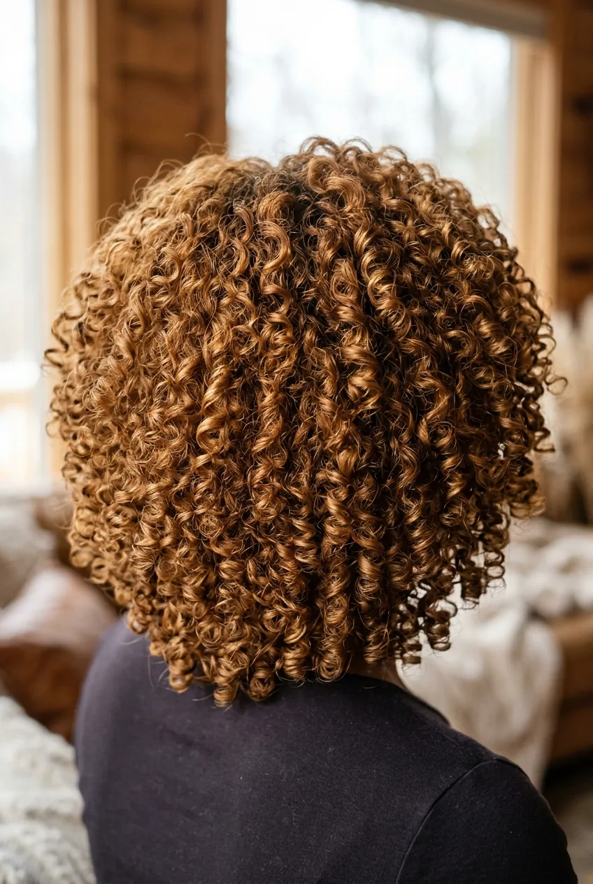 Rounded layer curls following natural head shape with balanced distribution in warm caramel