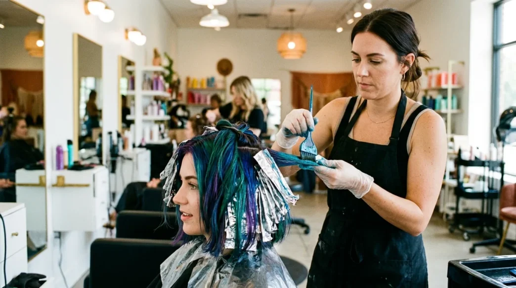 Professional hairstylist applying bold color to client's bob haircut with foil sections in bright salon