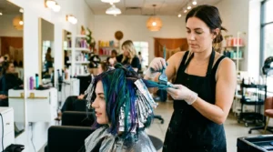 Professional hairstylist applying bold color to client's bob haircut with foil sections in bright salon