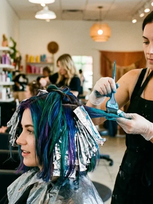 Professional hairstylist applying bold color to client's bob haircut with foil sections in bright salon