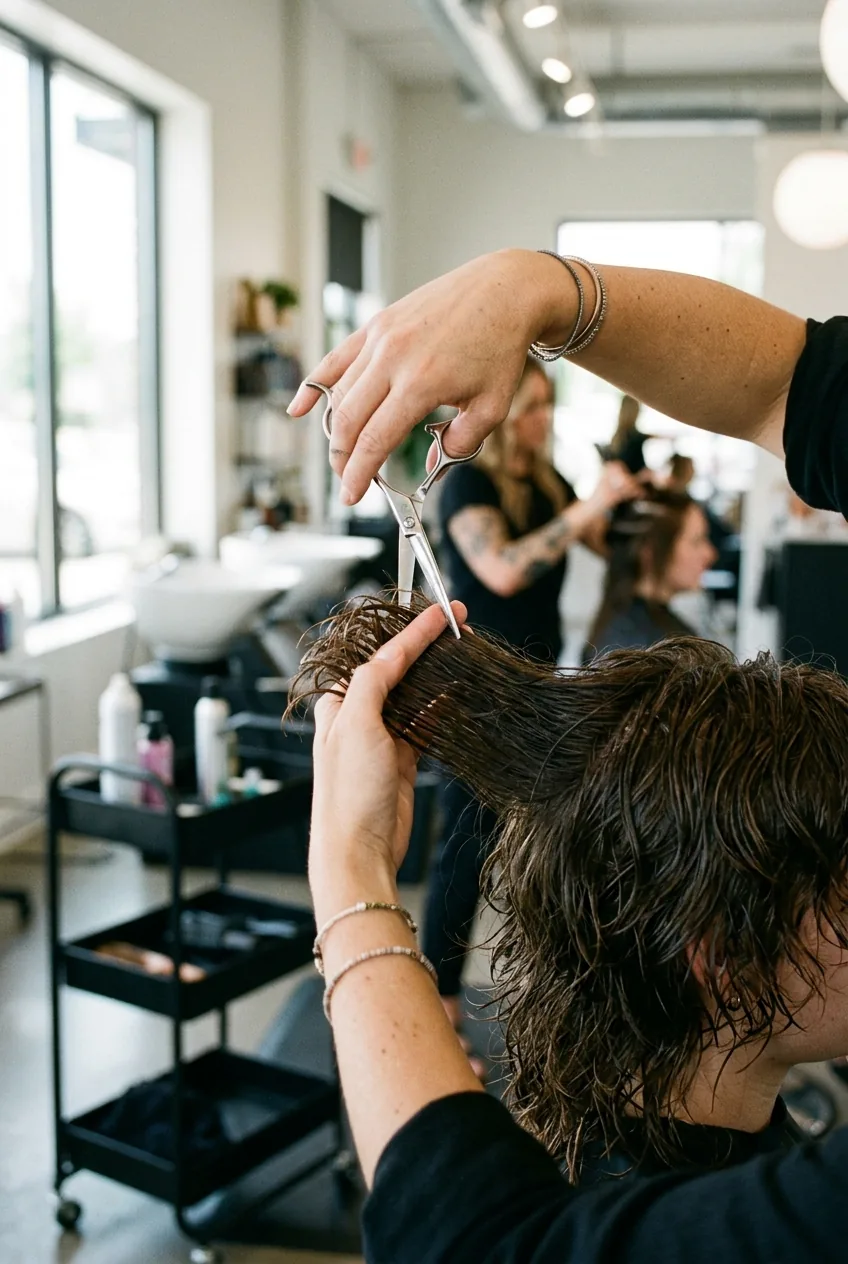 Hands cutting wolf cut layers with professional scissors showing the layering technique in action