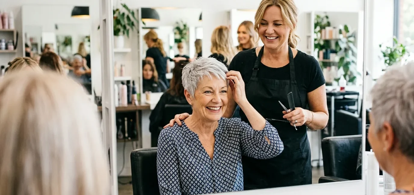 Woman over 60 with silver pixie cut smiling at her reflection while stylist stands behind her in bright salon