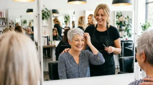 Woman over 60 with silver pixie cut smiling at her reflection while stylist stands behind her in bright salon