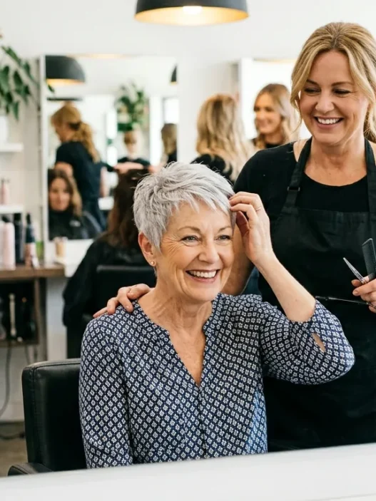 Woman over 60 with silver pixie cut smiling at her reflection while stylist stands behind her in bright salon
