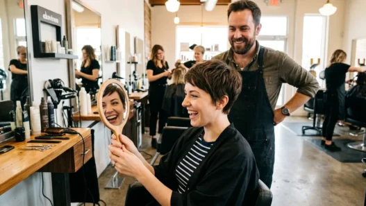 Woman experiencing joy seeing her new short haircut for the first time in salon mirror