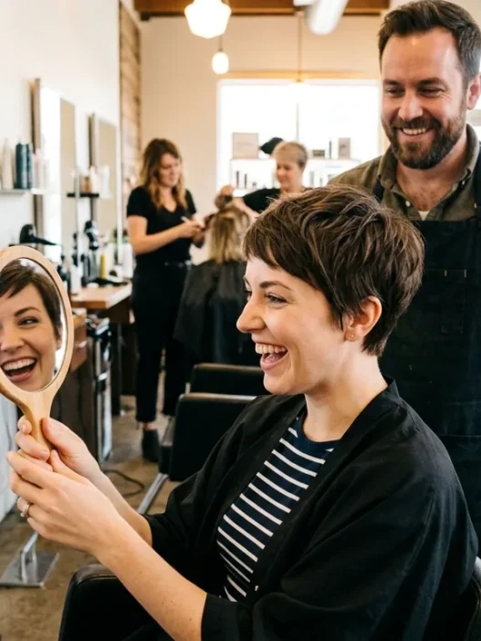 Woman experiencing joy seeing her new short haircut for the first time in salon mirror