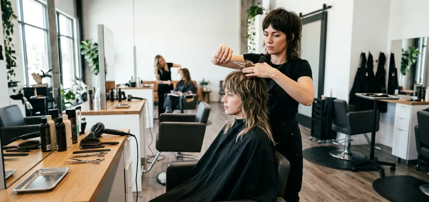 Professional stylist cutting shaggy wolf cut layers in modern salon with natural lighting
