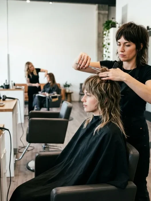 Professional stylist cutting shaggy wolf cut layers in modern salon with natural lighting