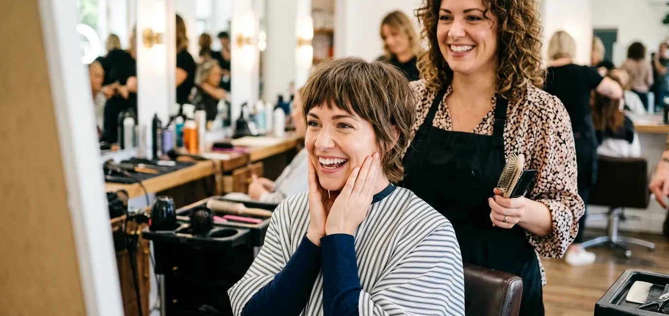 Woman with delighted expression admiring her fresh Wendy cut in salon mirror with stylist standing behind her