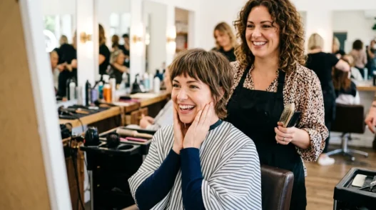 Woman with delighted expression admiring her fresh Wendy cut in salon mirror with stylist standing behind her