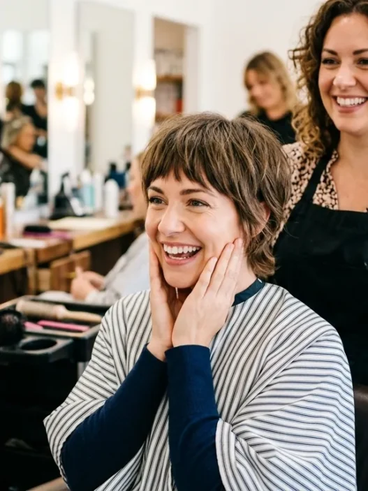 Woman with delighted expression admiring her fresh Wendy cut in salon mirror with stylist standing behind her