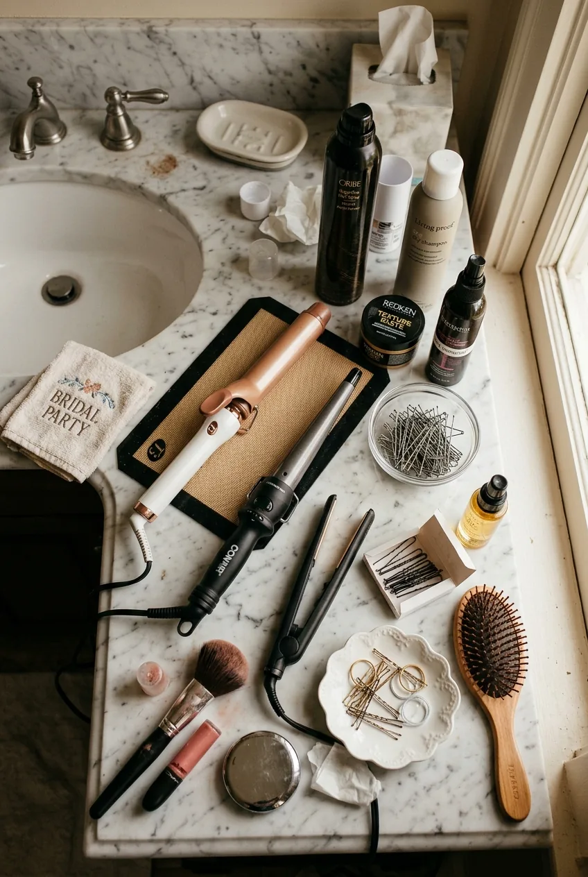 Bathroom counter covered with scattered hair styling tools, bobby pins, and product bottles during wedding prep
