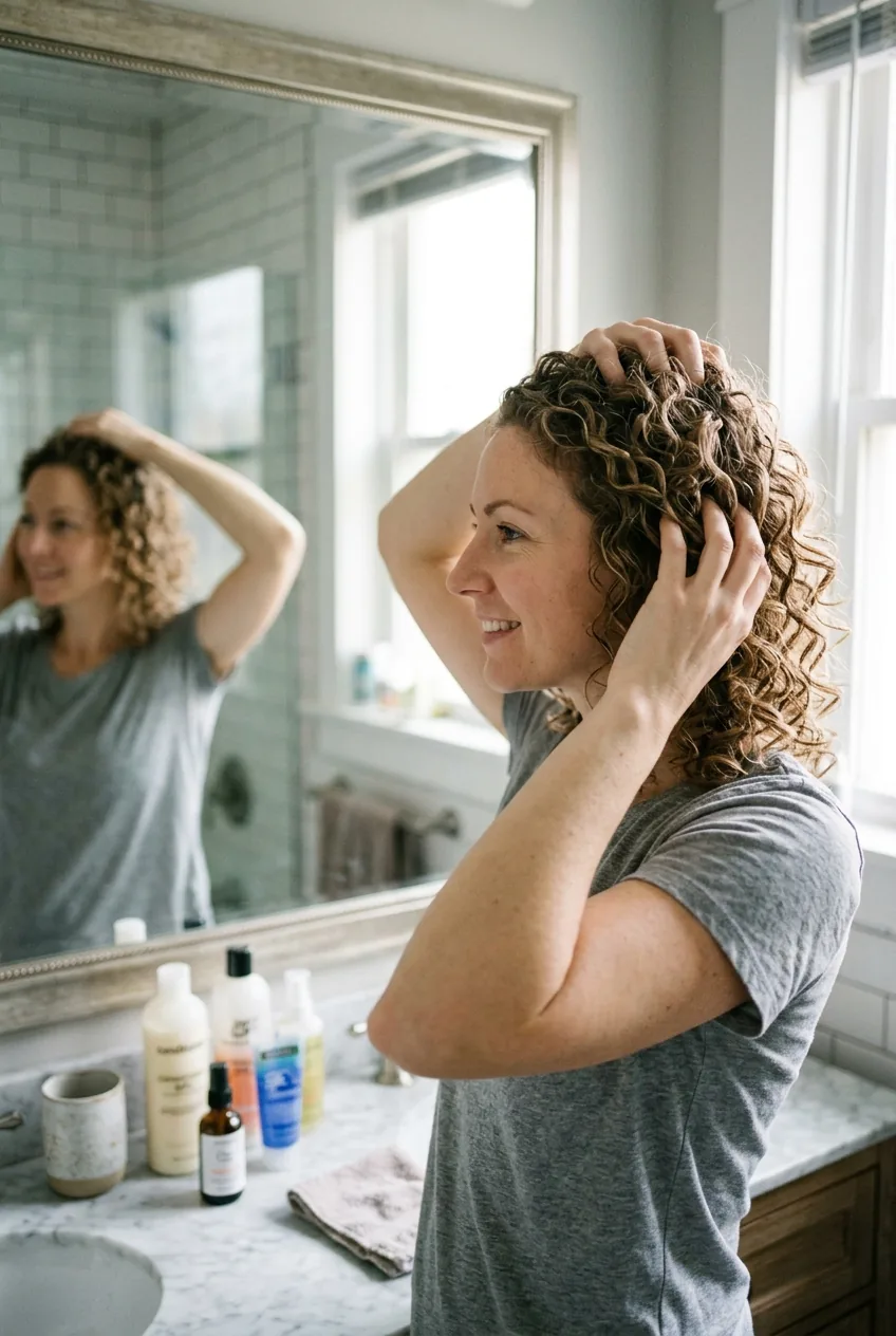 Woman scrunching thin curly hair to remove gel cast and soften curls