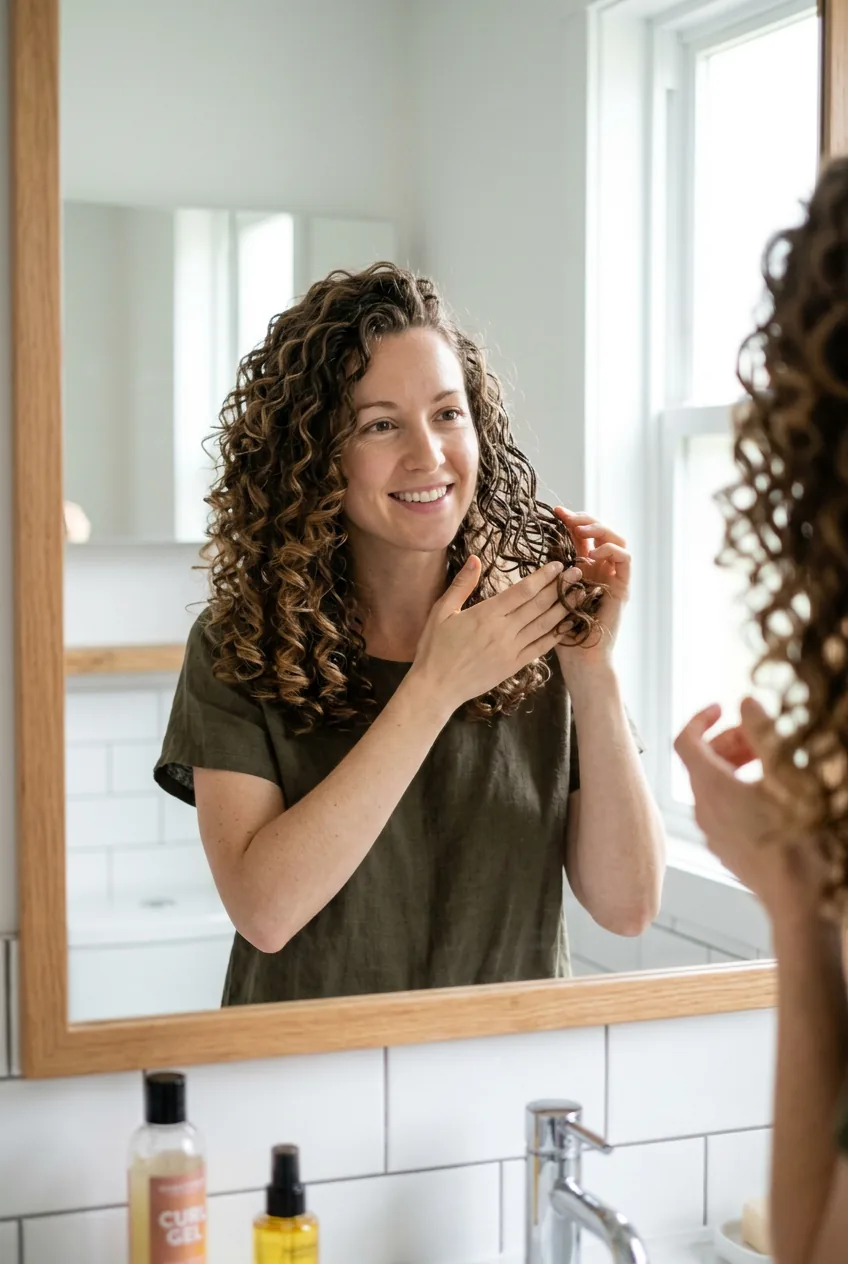 Woman gently scrunching thin curly hair to break product cast and soften defined curls