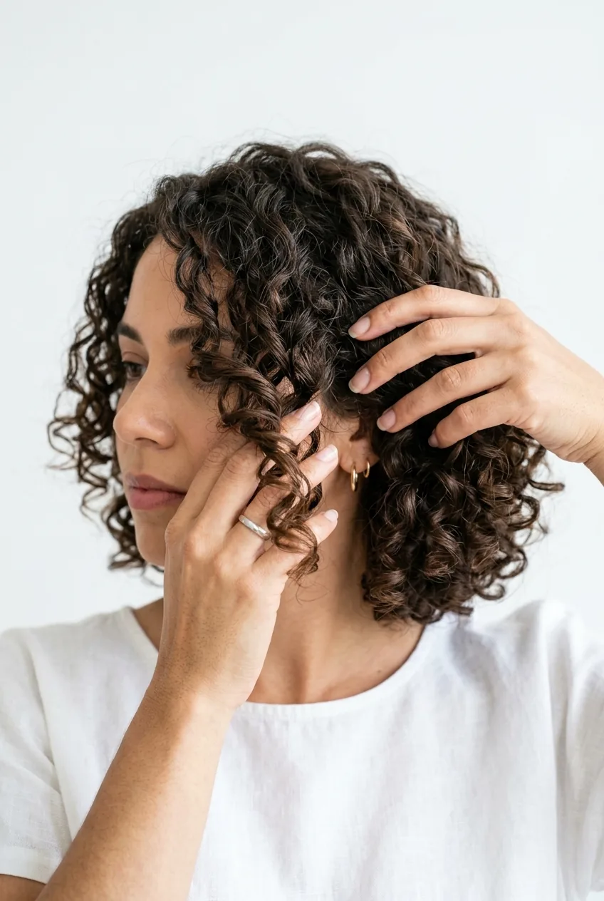 Fingers separating and scrunching cooled curls to create natural movement in styled bob