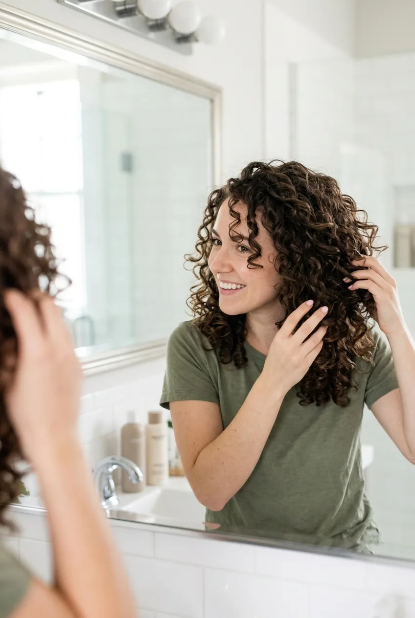 Woman with voluminous thin curly hair scrunching out product crunch