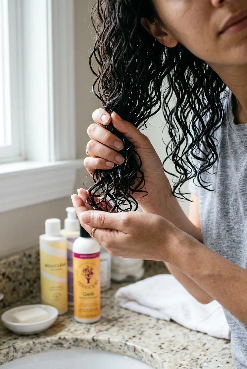 Close-up of hands demonstrating proper scrunching technique on wet curly hair forming spirals
