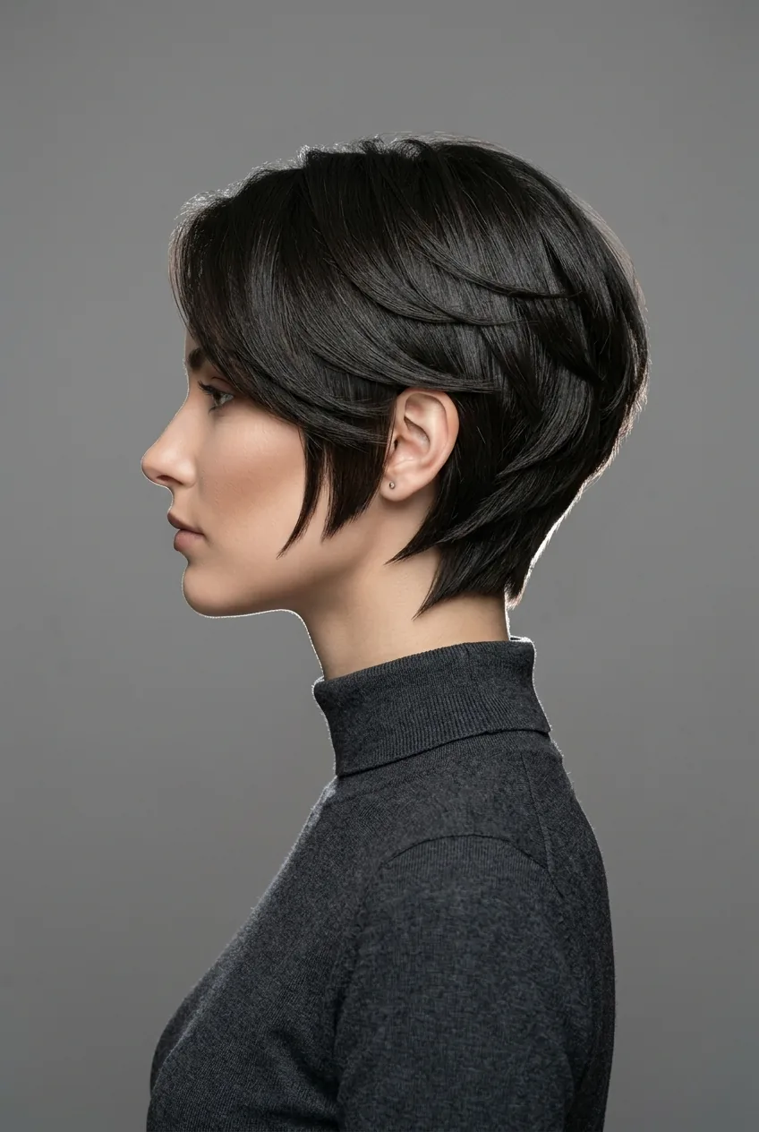 Woman with sculptural layered cut showing geometric precision and architectural clean lines