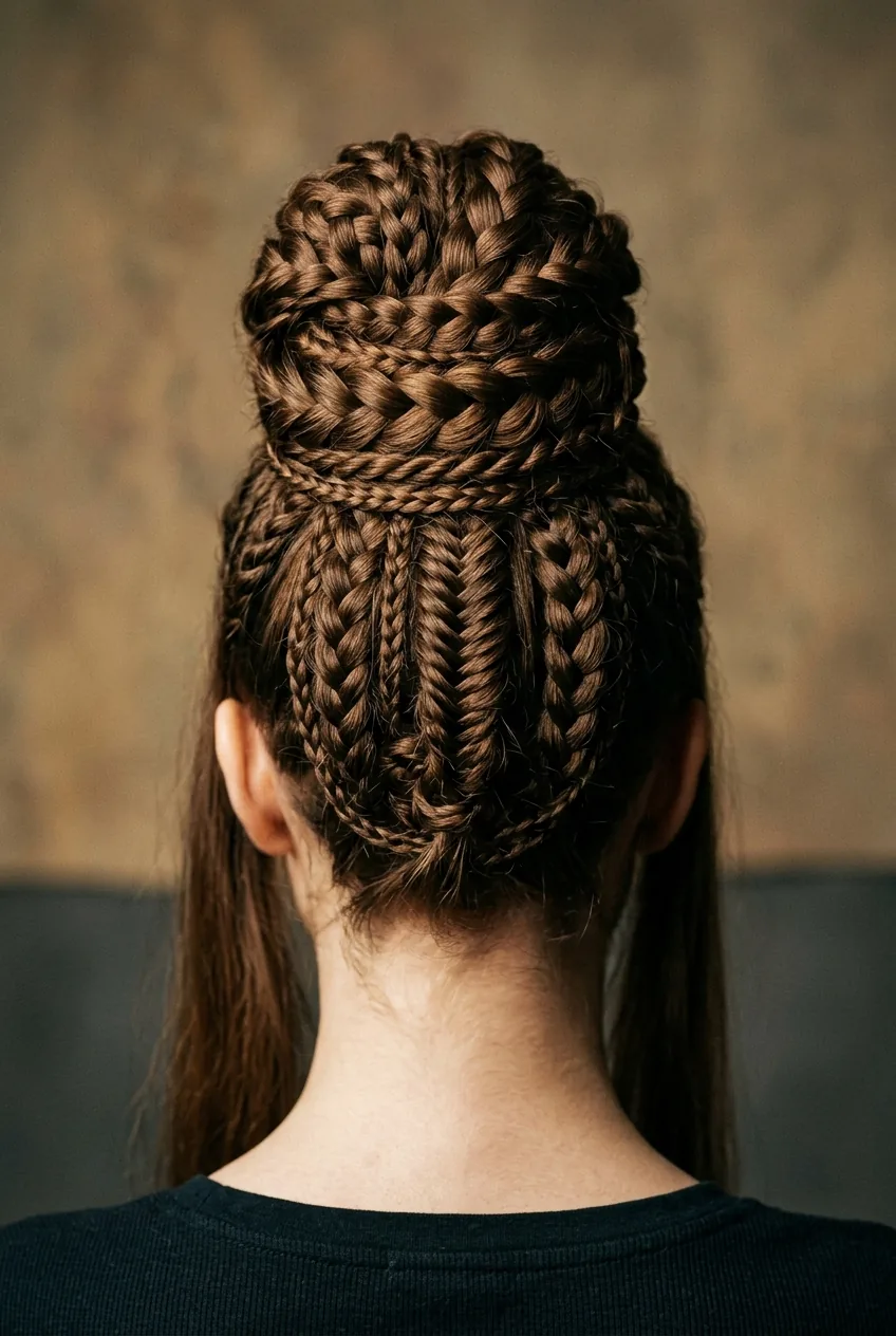 Multi-braid sculptural high bun showing various woven braid textures from back
