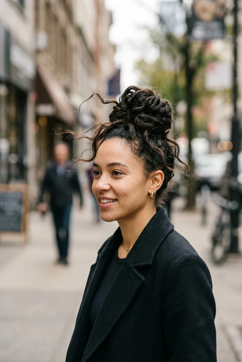 Woman with architectural sculptural top knot showing geometric structured shape