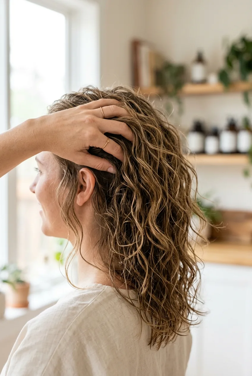 Woman's hair being scrunched with sea salt spray showing natural texture and waves