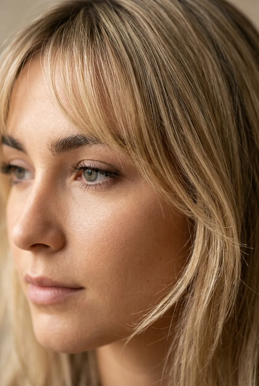 Seamless integration of wispy bangs with graduated face-framing layers