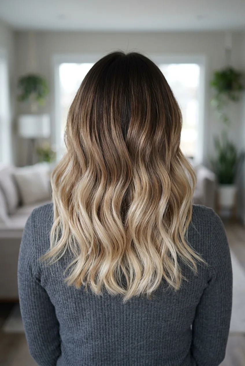 Final balayage result showing seamless dark-to-light ombre transition in natural lighting