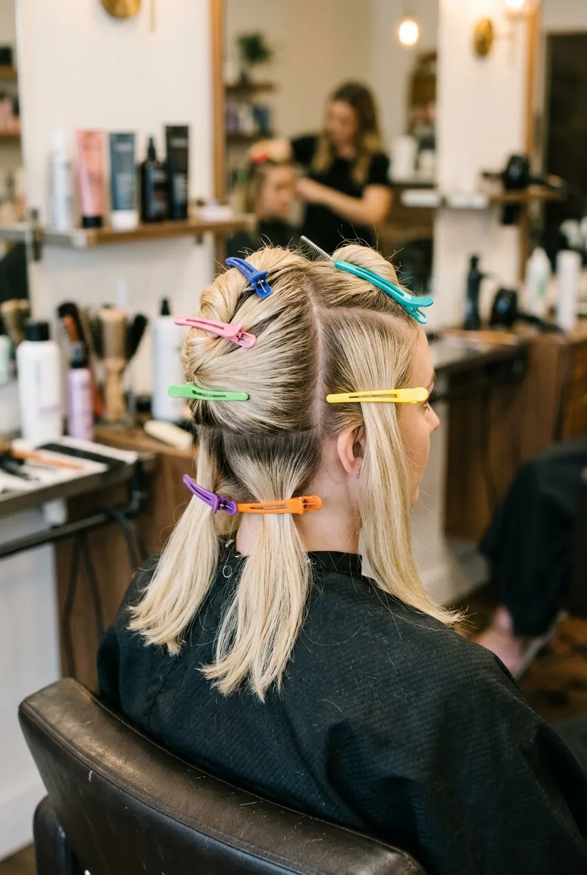Blonde hair divided into seven sections with colorful clips showing systematic cutting zones