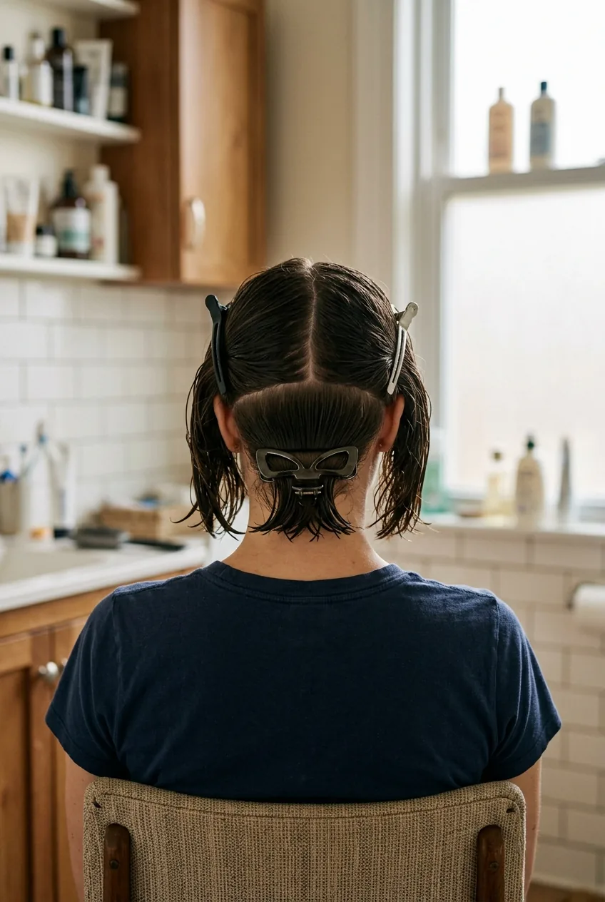 Back view of woman's damp hair sectioned into three parts with clips for French bob cutting