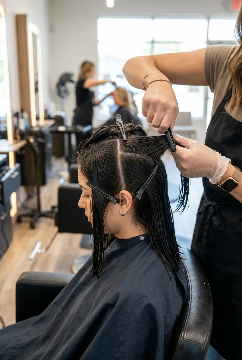 Hair sectioned with clips during preparation phase showing proper sectioning technique for cutting
