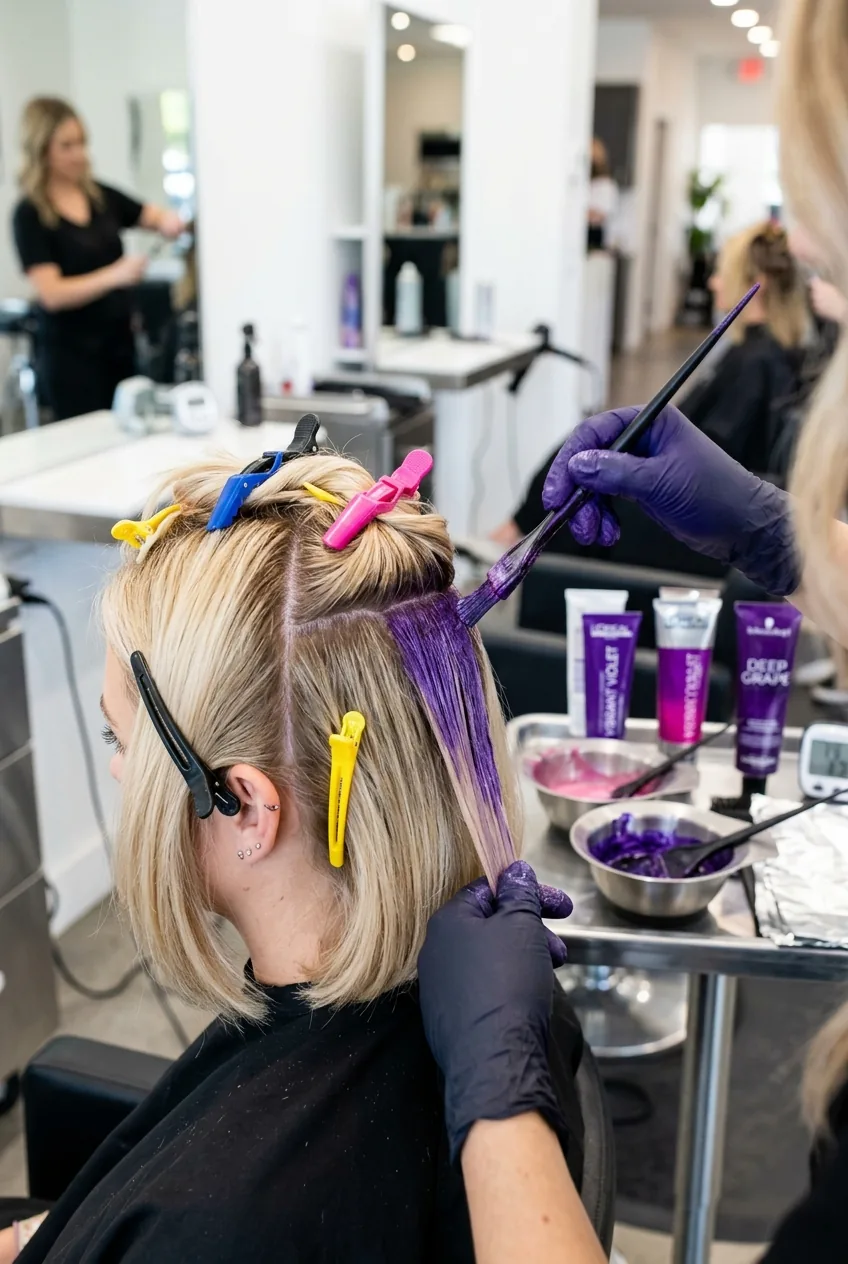 Hair sectioning clips organizing bob haircut parts during color preparation with salon tools visible