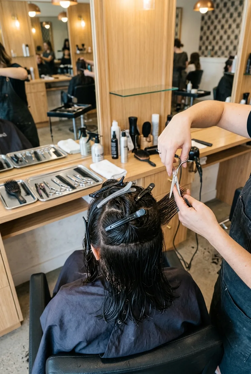 Sectioning clips organizing layers of hair during professional cutting process in well-lit salon workspace