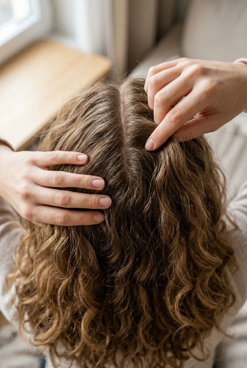 Top view of hands naturally sectioning hair at crown area creating organic parting for boho style
