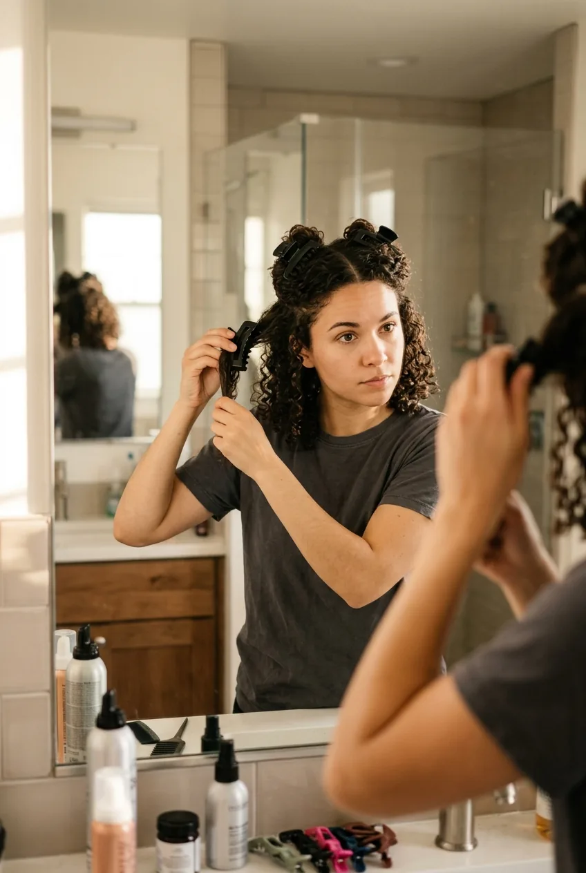 Woman sectioning curly lob hair with clips into four parts while looking in bathroom mirror