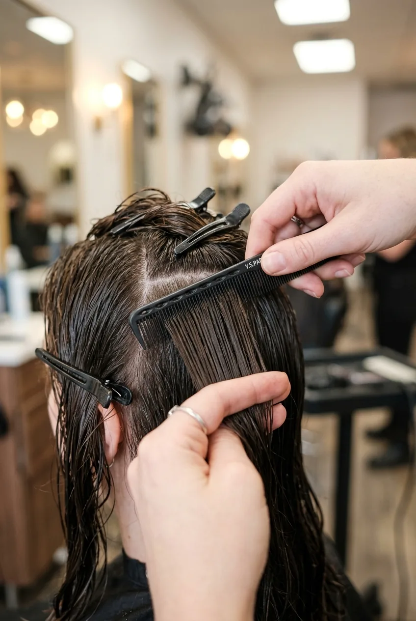 Hands sectioning damp brunette hair horizontally with fine-tooth comb and sectioning clips visible