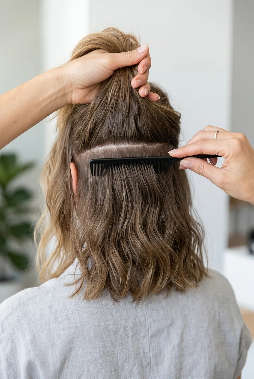 Hands demonstrating horizontal hair sectioning technique from ear to ear for half up styles