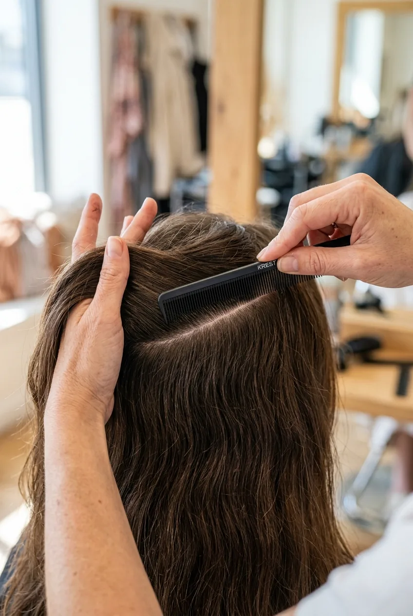 Close-up of fine-tooth comb creating clean section lines through long hair for ponytail