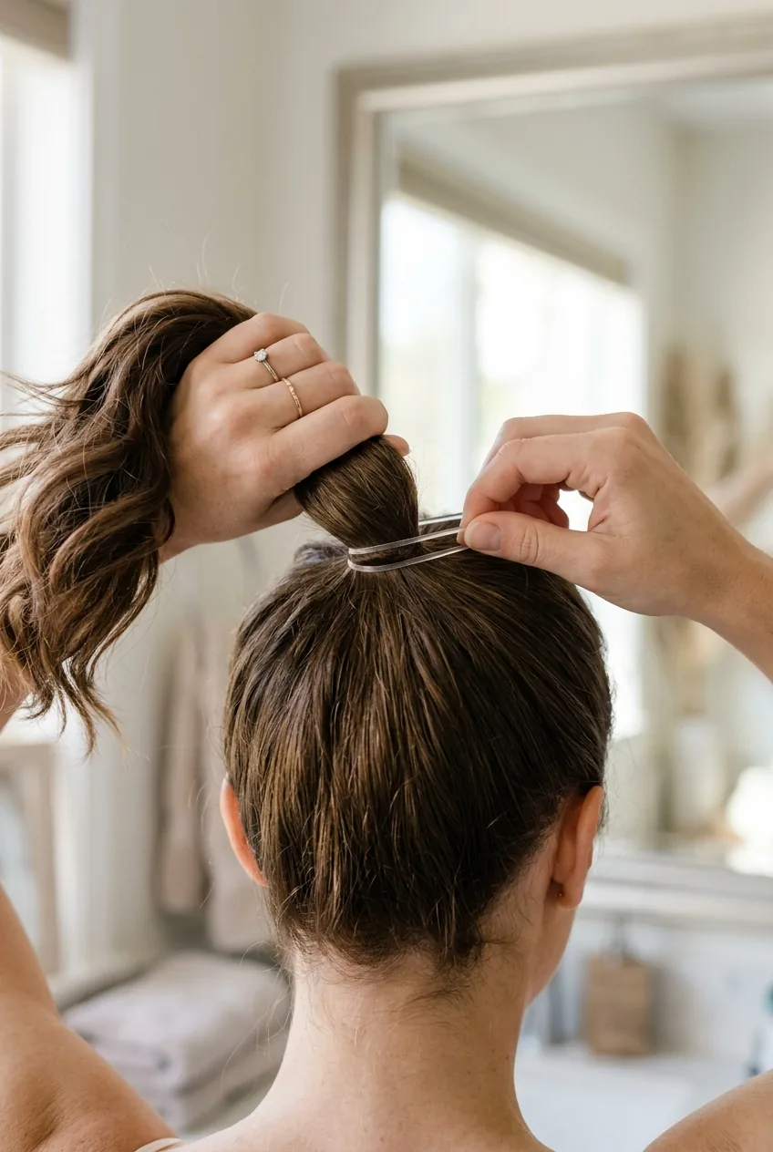 Hands sectioning brunette hair into high ponytail position with clear elastic band visible