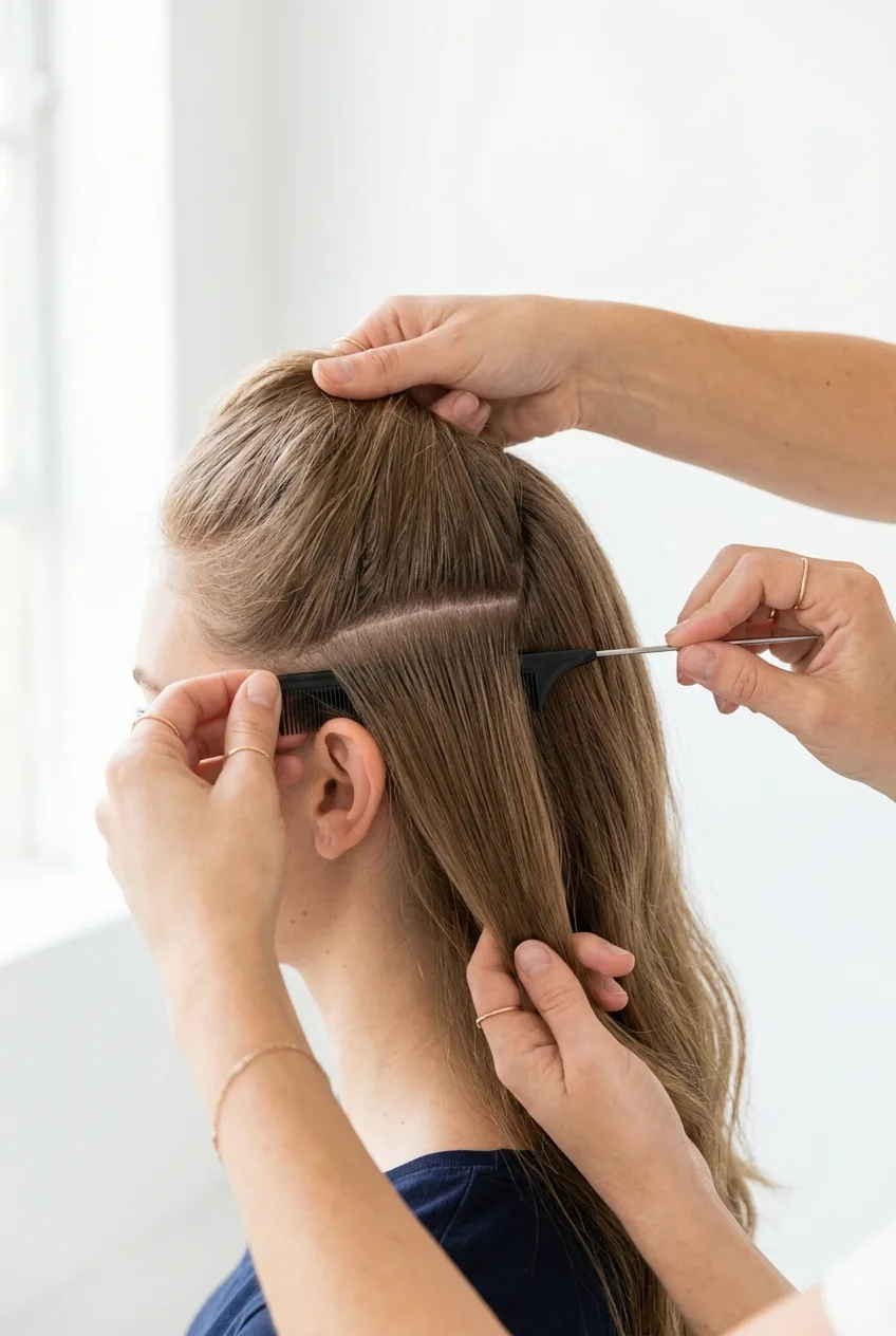 Hands using rattail comb to create horizontal part dividing hair into sections
