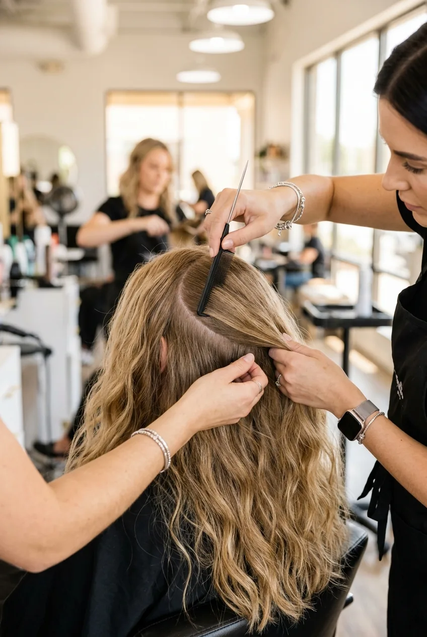 Stylist creating horseshoe-shaped part from temples to crown for half up sectioning