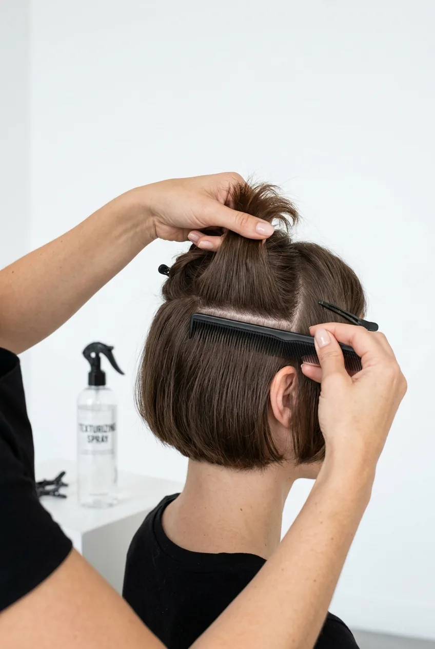 Woman's hands sectioning short bob hair with fine-tooth comb creating horizontal parts for braiding