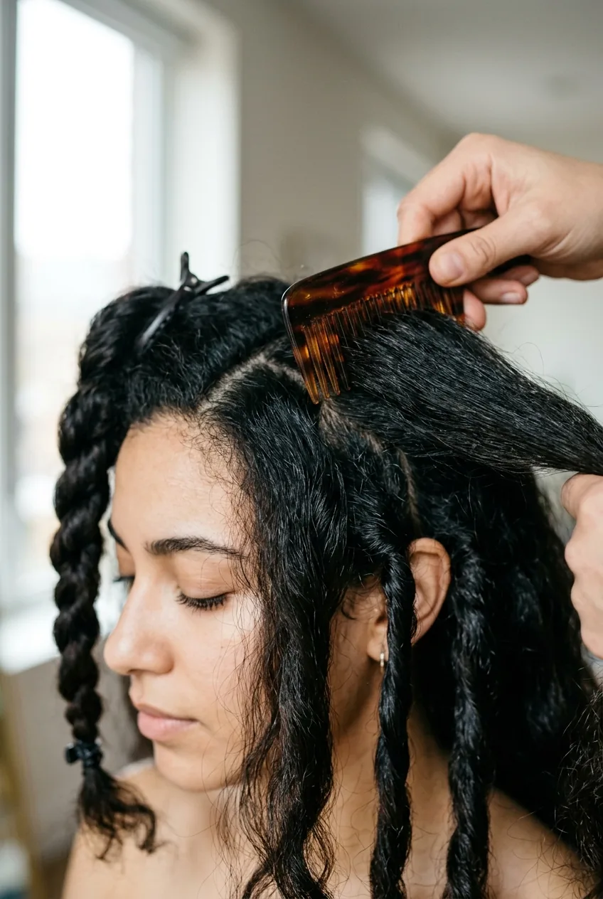 Woman sectioning thick dark hair with wide-tooth comb showing multiple sections and proper detangling technique