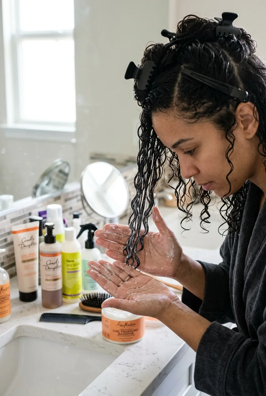 Hands applying curl cream to sectioned thin curly hair using praying hands method