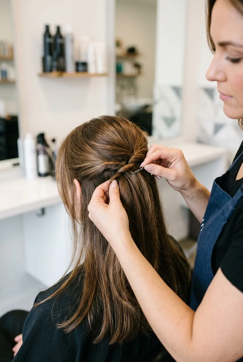 Stylist securing bobby pins at angle into half up hairstyle for invisible hold